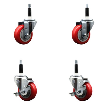 Service Caster 3.5'' SS Red Poly Wheel Swivel 7/8'' Expanding Stem Caster Set 2 Brakes, 4PK SCC-SSEX20S3514-PPUB-RED-2-TLB-2-78